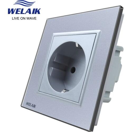 WELAIK EU European Standard Russia Germany Spain Gray Tempered Glass Panel Baby Safety Wall Power Socket Outlet 220V 16A A18ES