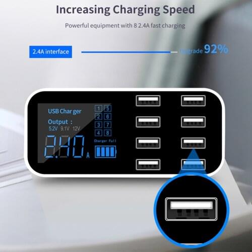 A9S Fast Car Charger 8 Port Multi USB LCD Display Phone Charger 12V Battery Charger USB Hub for Samsung Xiaomi Tablets GPS DVR