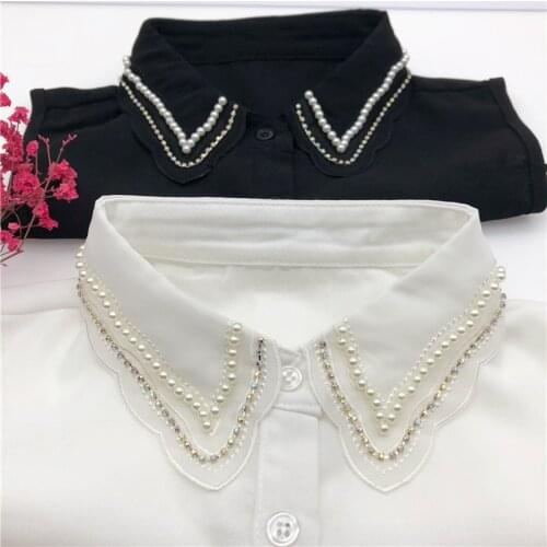 Vintage Shirt Detachable Collars Women White Blouse Tops Fake Collar Handmade Beading Lapel Half-Shirt Necklace False Collar