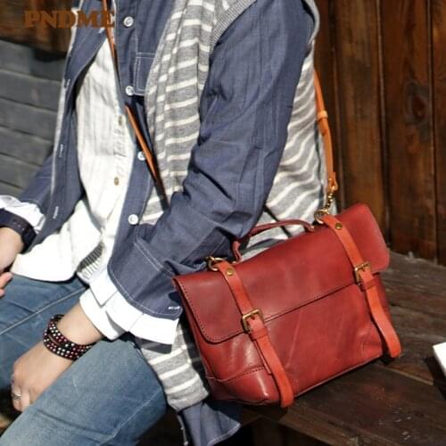 PNDME fashion casual genuine leather ladies handbags retro natural real cowhide womens weekend party shoulder messenger bag