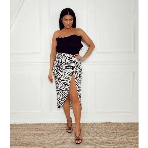 Xikom 2021 New Summer Women Zebra Pattern Vintage Casual Folds Skirt Female Fashion Split Slim Streetwear Hight Waist Midi Skist