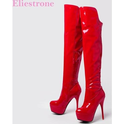 Winter New Glossy Red Black Women Thigh High Boots Platform Super High Heels Lady Dance Shoes Plus Small Big Size 10 32 46