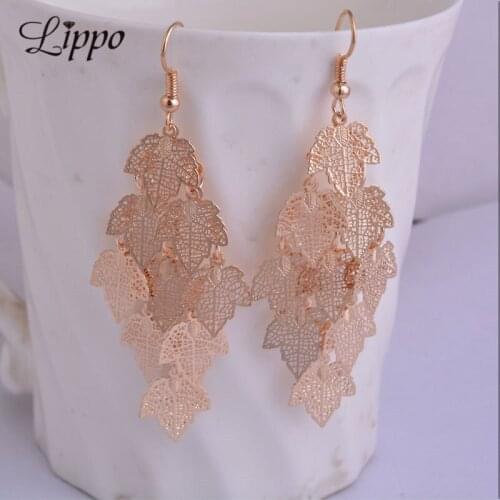 Gold color New Design Style Fashion filigree Charm Elegant Simple Vintage Big Hollow maple leaf Earrings Drop Jewelry Women