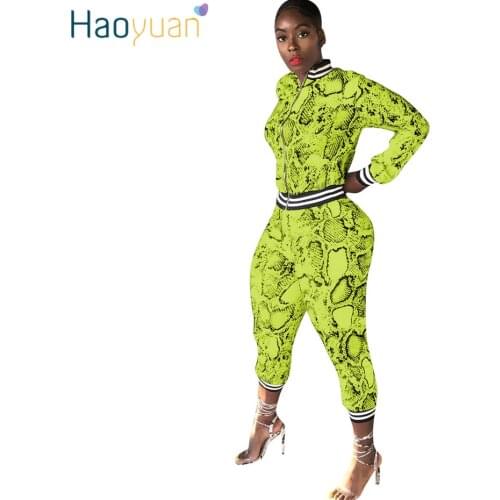 HAOYUAN Neon Snake Print Two Piece Set Women Tracksuit Festival Crop Top and Pant Fall 2Piece Outfits Plus Size Matching Sets