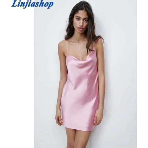Za Dress Women Pink Satin Short Dresses Summer Woman 2021 Backless Spaghetti Strap Sexy Dresses Ladies Club Night Dress