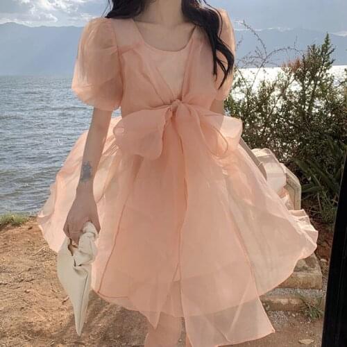 Women Summer Dress Clothing Kawaii Fashion French Orange Pink Fairy Dress Retro Cute Japanese Princess Party Mini Dresses Lolita