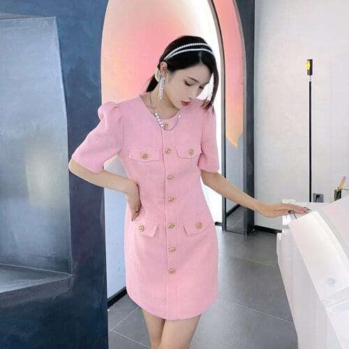 2021 High Quality Summer New Brand Dresses Luxury Runway Designers Autumn Women Short Sleeve Single-Breasted Tweed Party Dress