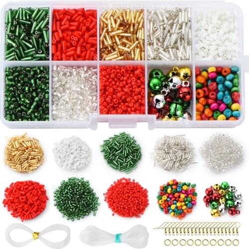 3433Pcs Christmas Ornament Set Red/Green/Gold Glass Seed Beads Multi Wooden Beads Metal Hooks Crystal Tube Beads For DIY Making