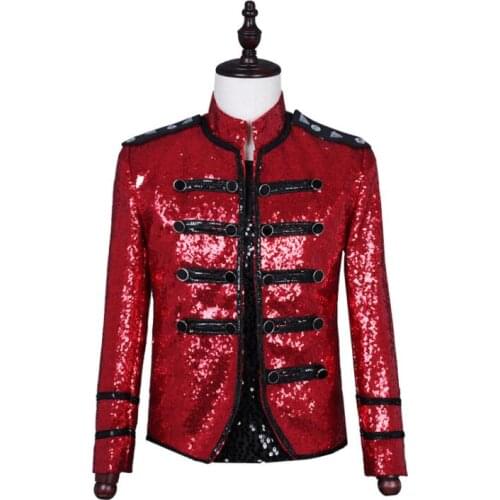 Singers red sequins blazer men suits designs jacket mens stage costumes clothes dance star style dress punk rock stand collar