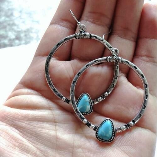Bohemia Style Metal Annulus Women Dangle Earrings Teardrop Stone Vintage Jewelry