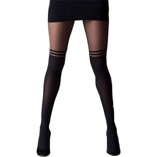 Black Women Temptation Sheer Mock Suspender Tights Cat Pantyhose Stockings Cool Mock Over The Knee Double Stripe Sheer Tights