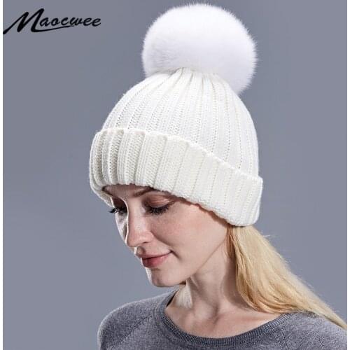 Real Fox Fur Ball PomPon Hat Pure White Children Adult Cap Beanies Knitted Hats Autumn Winter Warm Pure Colour Generous Concise