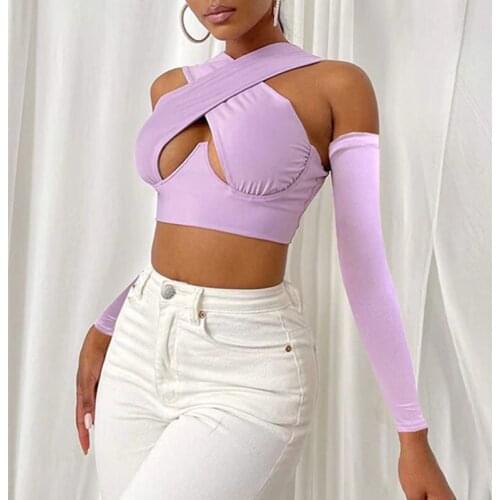 Summer Fall Casual Street T-shirts Women Off Shoulder Halter Cutout Corset Crop Tops Female Long Sleeve Backless Solid Pullovers