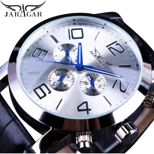 Jaragar Mens Business Dress Watches White Calendar Automatic Sports 3 Sub Dial Leather Strap Mechanical Clock Relogio Masculino