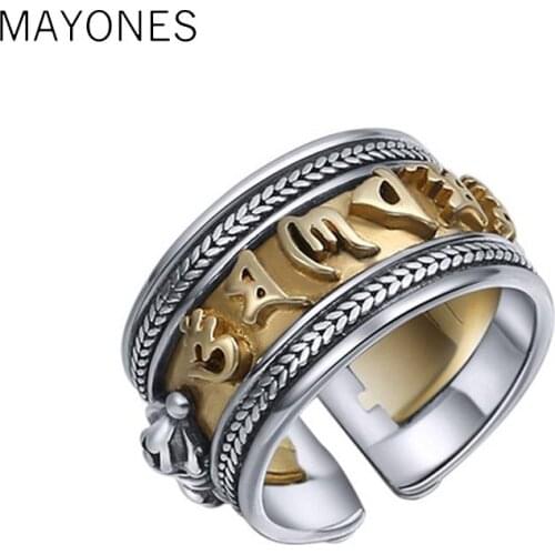 MAYONES Buddha Opening ring 100% 925 sterling silver Vajra Buddhist Heart Sutra Adjustable Ring Christmas gift jewelry