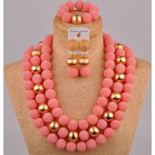 24inchs long costume necklace african beads peach jewelry set simulated pearl nigerian wedding bridal jewelry sets FZZ84