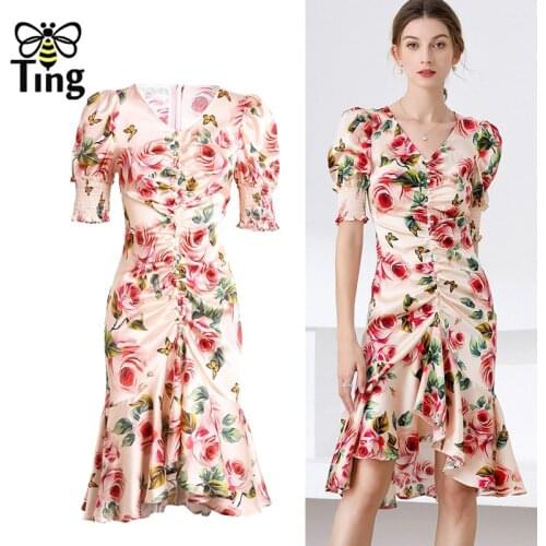 Tingfly 2021 Summer Runway Fashion Rose Flower Printing Sexy Party Night Dresses Pink Ruffles Hem Bodycon Dress Elbise Robes