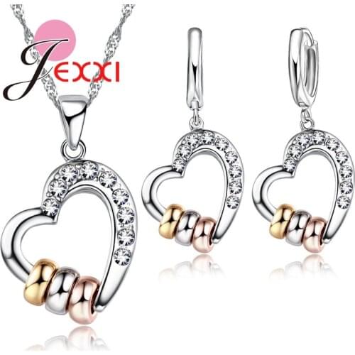 New Fashion 925 Sterling Silver Chain Cubic Zirconia Stone Hollow Heart Pendant Necklace Earring Jewelry Sets Accessories