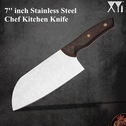 XYj Chef Knife Stainless Steel 7'' Cleaver Santoku Chopping Knife Damascus Pattern Veins Blade Fruit Vegetable Chinese Slicer