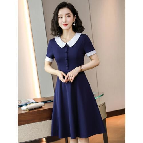 Elegant Slim Hips Dresses with Pater Pan Collar Summer Short Sleeve for Women Business Work Wear Beauty Salon Vestidos Dress