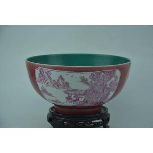 Rare Qing Dynasty porcelain pastel bowl,,Red glaze,Landscape scenery, best collection & adornment, Free shipping