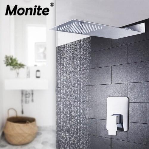 Monite Luxury Chrome Polish Shower Head New Wall Mounted Square Brass Waterfall Shower Set Direct Rainfall Bathroom Shower Kit