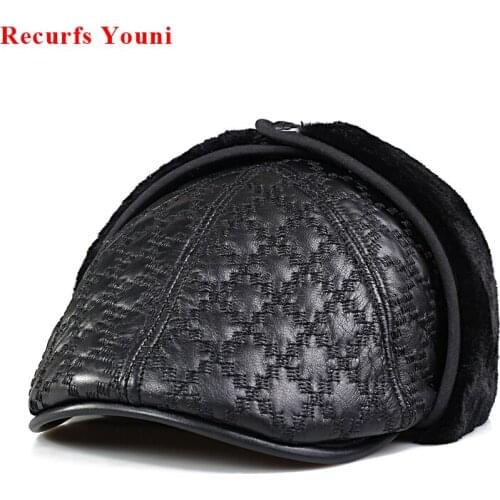 Men Winter Warm Bomber Hats Male Genuine Leather Faux Fur Plaid Earmuff Beret Forward Cap Elderly Earflap Outdoor Boina Dad Gift