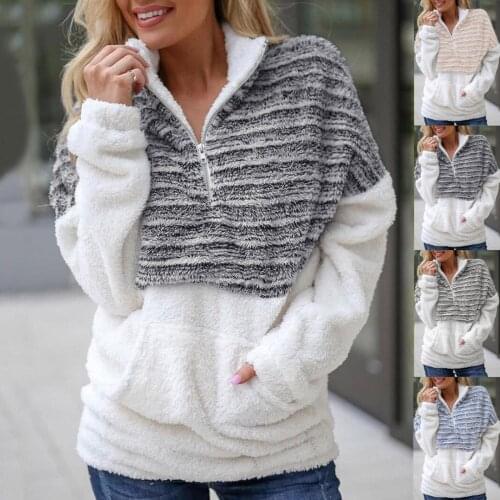 Sweatshirt Women Sweater 2021 Autumn Winter Tops Plush V-neck Zipper Long-sleeved Blouse Color Block Warm Pullovers Ladies Tops