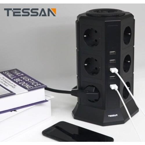 TESSAN 12-Way Power Strip (2500W / 10A) with 5 USB Ports, Multiple Socket with Switch, Black Tower Power Strip, Surge Protection