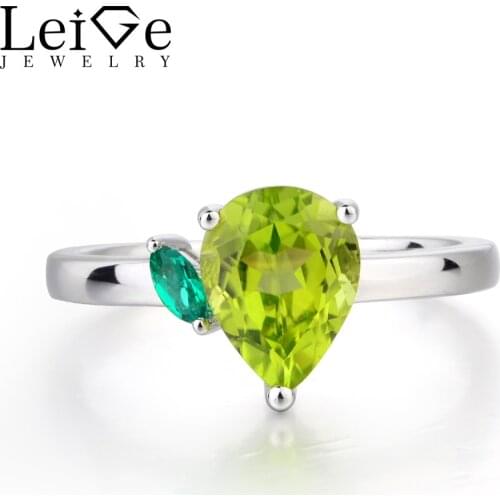 Leige Jewelry Natural Peridot Ring Engagement Ring August Birthstone Ring Pear Cut Green Gemstone 925 Sterling Silver Gifts