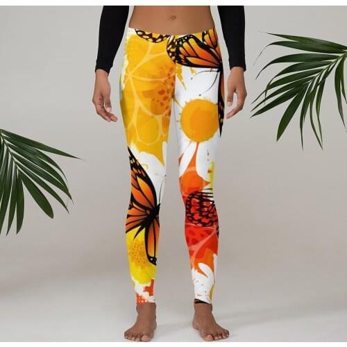Yellow Butterfly Flowers Print Women Cute Leggings Casual Fitness Ladies Workout Long Leggings Trousers