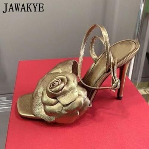 Gold Petal Flower Runway Women Sandals Open Toe Ankle Strap High Heels Women Shoes Sexy Gold Red Black Party Wedding Sandals