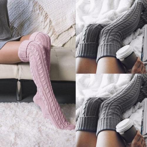 Women Solid Soft Winter Cable Knit Over knee Long Boot Winter Warm Thigh High Stocking Fashion