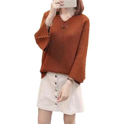 2020 New Autumn Beading Women Knitted Sweater Pullovers Casual V-neck Flare Sleeve Solid Color Slim Elastic Sweater Mujer LQ157