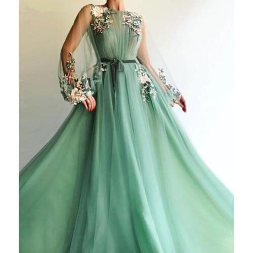 Green Prom Dresses 2021 Women Formal Party Night Long Vestidos De Gala Long Sleeves Evening Dress Elegant Illusion Robe De Soire