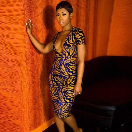 Korean Style Leaves Print Knee Length Dress Women Deep V Neck Short Sleeve Pencil Dresses Vintage Body-shaping Party Vestidos