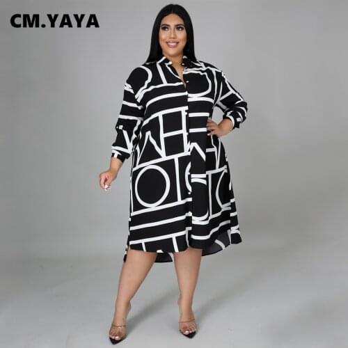 CM.YAYA Women Plus Size Dress Print Full Sleeve Single Breasted Loose Straight Knee Length Dresses Fashion Casual Outfit Summer