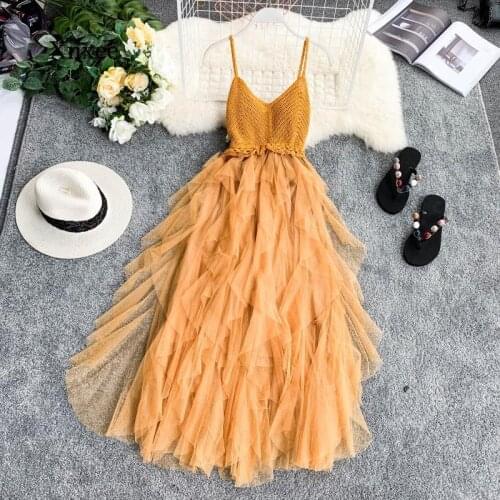 Summer Sleeveless Sling Gauze Lace Tulle Dress Women Tunic Basic Long Dresses Mesh Pink Black Sexy Vintage Dress orange