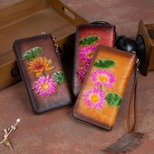2021 Spring Genuine Leather Women Hand Wallet Vintage Embossed Floral Long Zipper Cowhide Card Holder Hand Painted Phone Purses