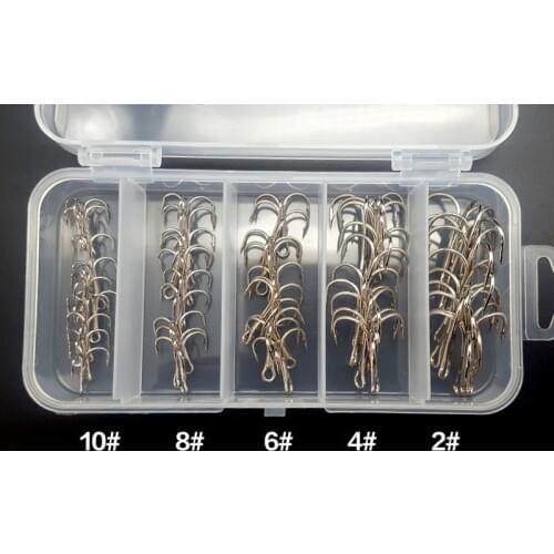 50pcs/lot Treble Fishing Hook In Storage Box Sharpened Treble Hook Size 2/4/6/8/10 Barbed Fishhook Silver/Black Color FH87