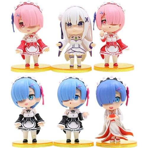 6Pcs/set Q Version Rem Ram Emilia Figures Re:Zero Starting Life in Another World Rem Doll Model Figure Xmas toys Gift