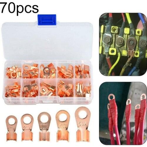 70pcs Copper Tube Terminals Battery Welding Cable Lug Ring Crimp Connectors Kit Open Barrel Copper Ring Lug Terminals
