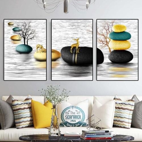 Abstract Black Green Yellow Stone Canvas Painting Print Modern Home Decor Wall Art Poster Nordic Living Room Decoration Picture