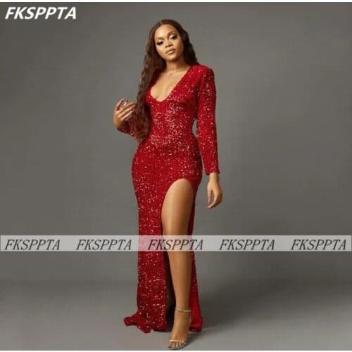Glitter Mermaid Long Sleeves Prom Dresses For Black Girls V Neck High Slit Sequins Occasion Formal Party Gowns For Prom