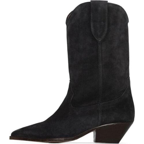 MStacchi 2021 Nude Suede Embroidered Mid-Calf Boots Women Thick Heel Pointed Toe Shoes Woman Warm Snow Boots Flats Knight Boots