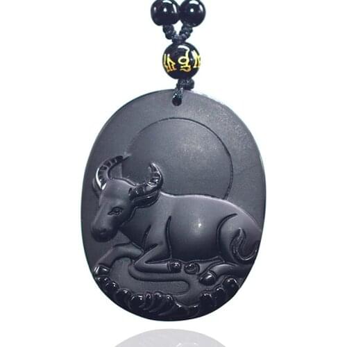 Black Obsidian Animal Cattle Necklace Pendant Jade Pendant Lucky Amulet Jewelry Jade Jewelry