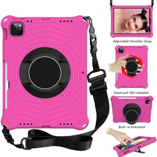 For iPad Pro 11 Shockproof Case 2021 2020 2018 Air 4 Kids EVA Back Cover with Shoulder Strap 360 Rotatable Bracket+Pen
