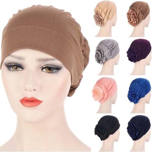 Solid Color Flower Knot Easy Cap Jersey Inner Hijab for Women Elastic Soft Headband Turban Chemo Hat Muslim Fashion Accessories
