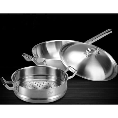 32cm&30cm Food Grade 304 Stainless Steel 5-Ply Non-coated Flat Bottom Non-stick Pan Family Steel & Glass Lid Saucepan