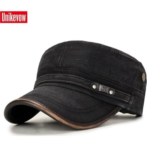 UNIKEVOW Military cap 100% cotton flat top Hat for men Vintage Army Hat Cadet Military Patrol Cap outdoor cap with Pu visor